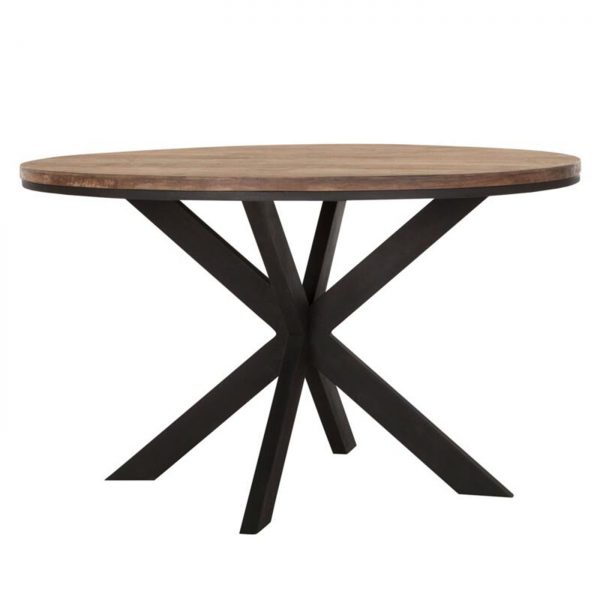 drevený jedálenský stôl, okrúhly stôl, drevený, masívny stôl, teakový stol, teakový stôl, masívna doska, tíkový stôl, stôl z recyklovaného teaku, jedálenský stôl s kovovými nožičkami, jedálenský stôl s kovovou podnožou, riadny masívny drevený stôl, moderný jedálenský stôl, jedálenský stôl do horského interiéru, stôl so stredovou nohou, dizajnový drevený stôl, stôl s kovovou stredovou podnožou